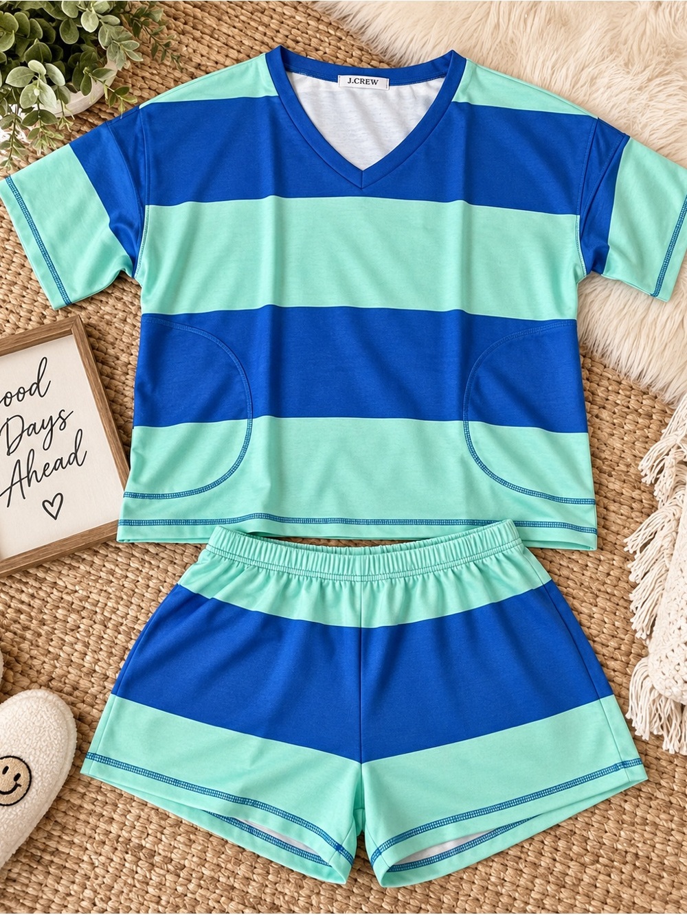 Blue & Mint Striped 2-Piece Lounge Set | V-Neck Top + Shorts